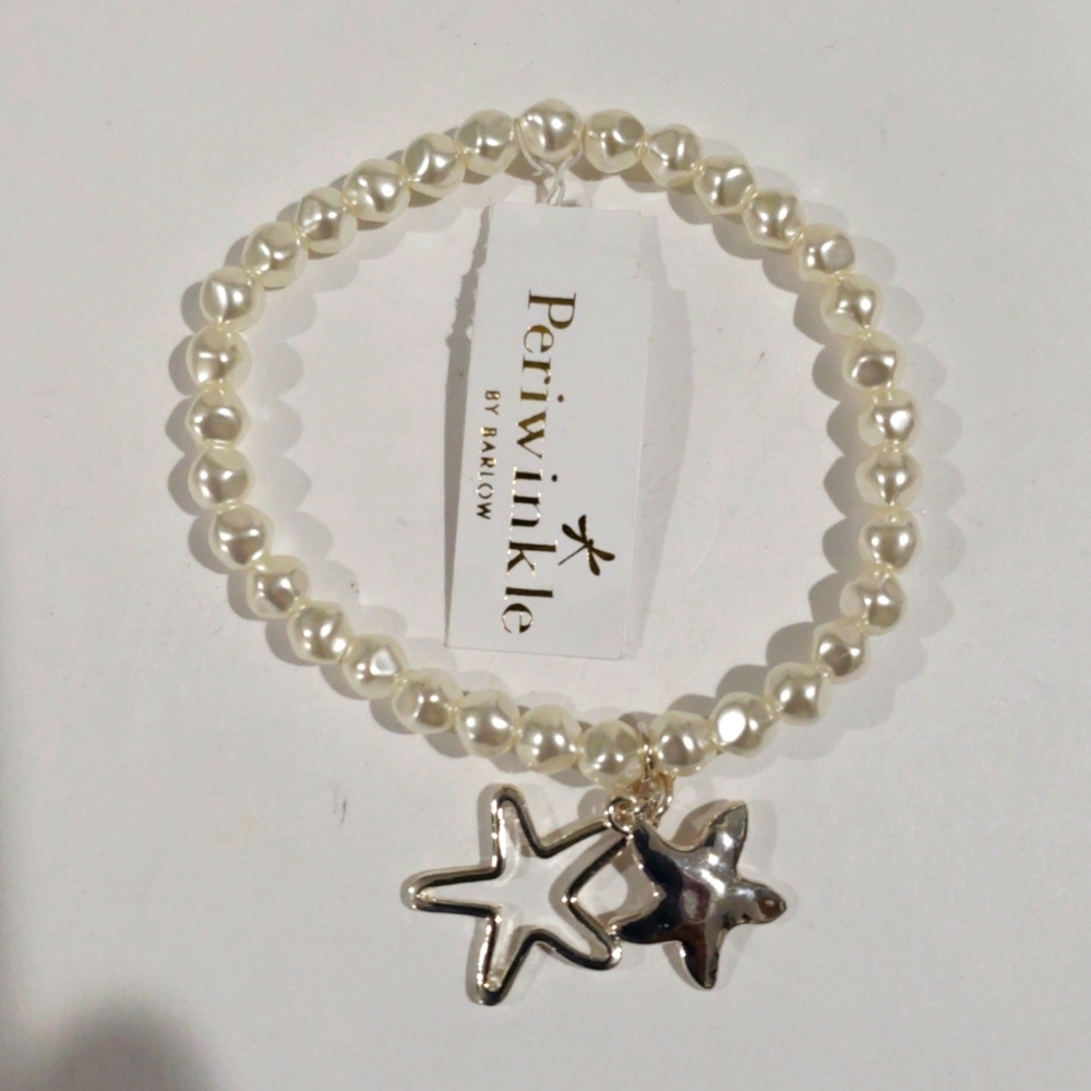 Periwinkle Silver tone Stars Beaded Stretchy Bracelet - Women's Fashion Jewelry - Picture 4 of 8